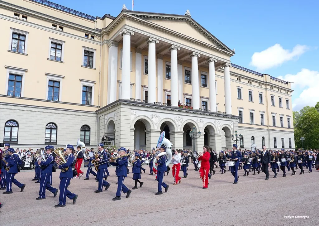 Children marching band performing next to the Royal Palace in Oslo Norway on May 17th 2026