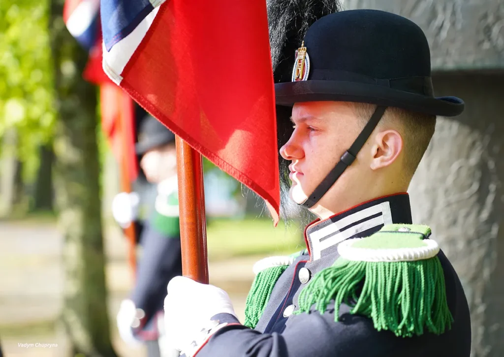 Military honor guard standing at the National Monument in Oslo Norway on May 17th 2026