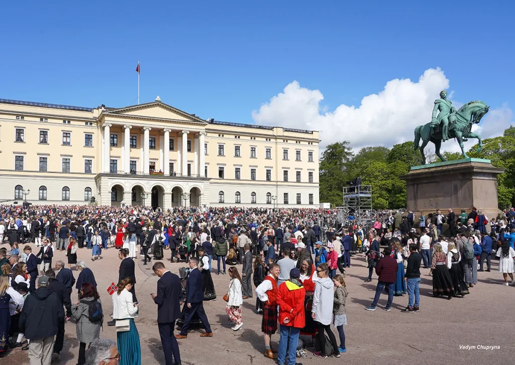 Palace Square around the equestrian statue crowded with people celebrating National Day in Oslo Norway on May 17th 2026