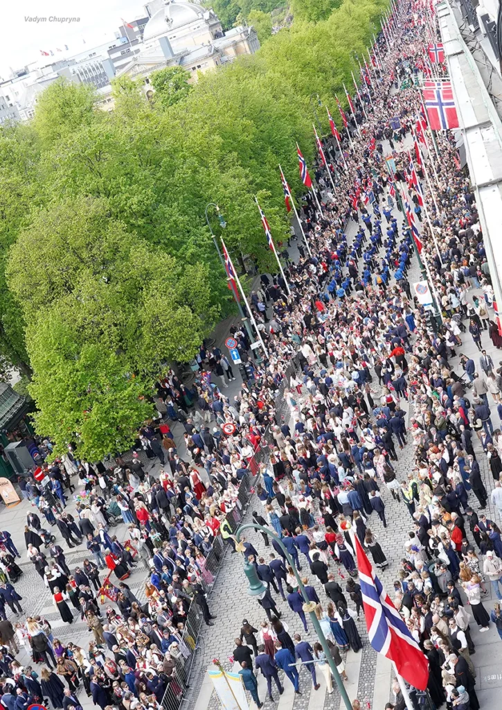 High angle view of crowded street with people celebrating Constitution Day in Oslo Norway on May 17th 2026