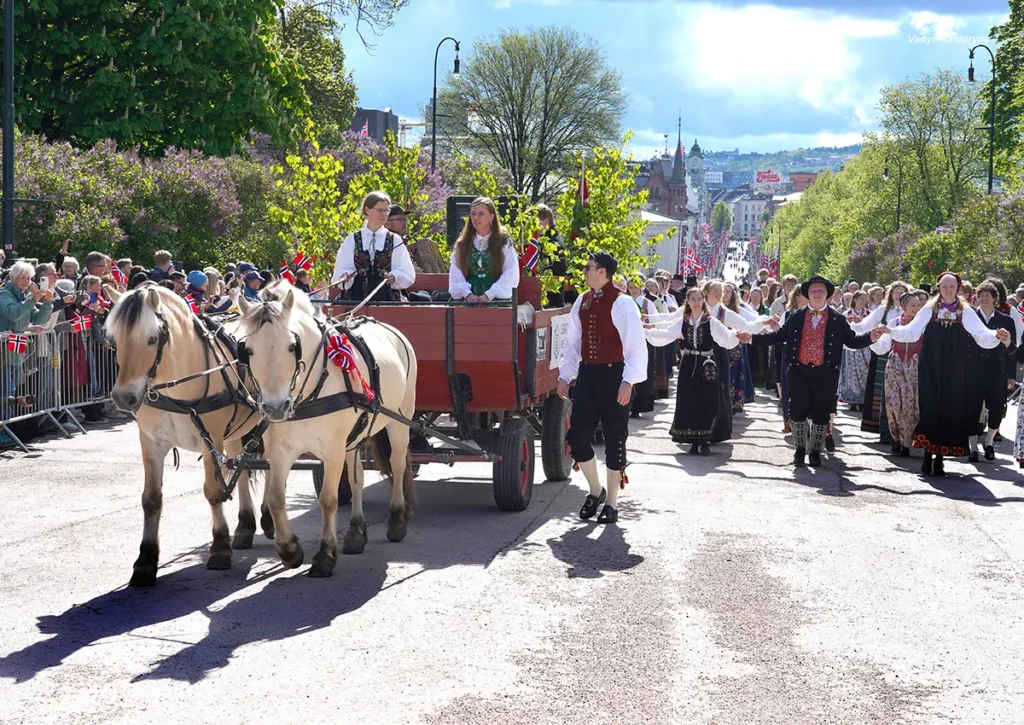 Horse drawn carriage leading the National Day parade on Constitution Day in Oslo Norway on May 17th 2026