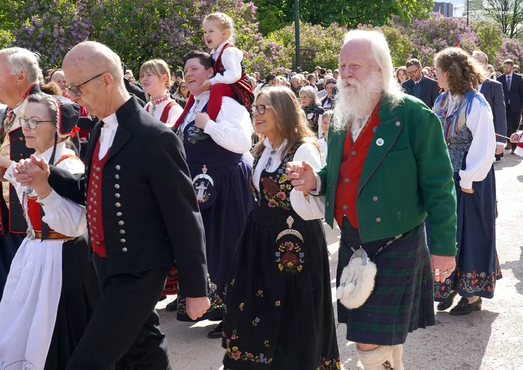Senior Norwegian man in traditional clothing marching in the National Day parade in Oslo Norway on May 17th 2026