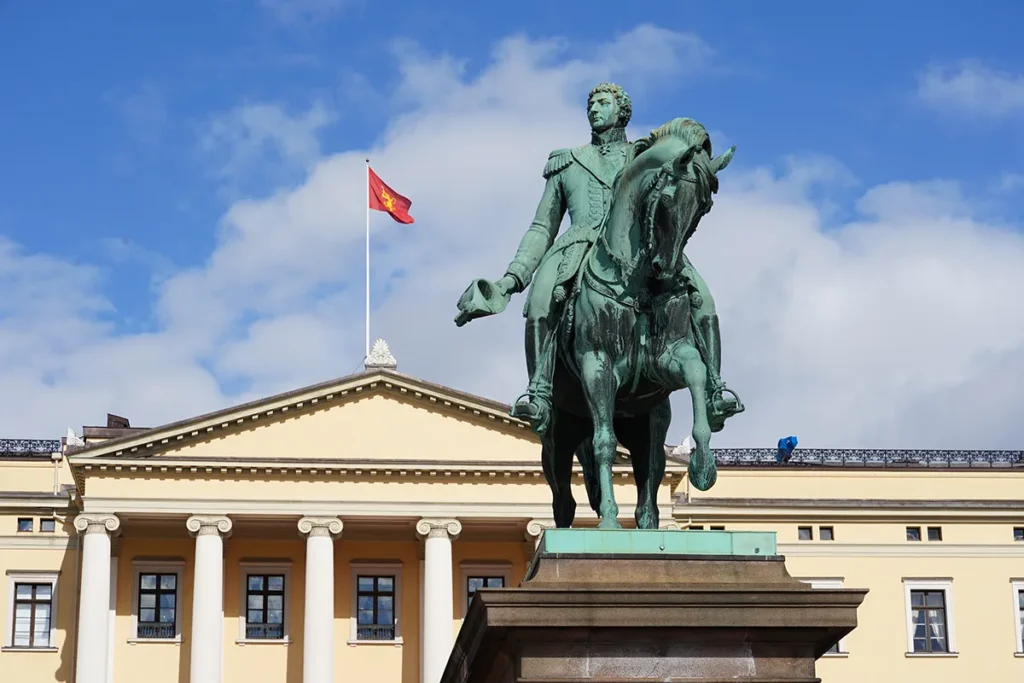 Karl Johan monument in front of the Royal Palace in Oslo Norway on May 17th 2026.