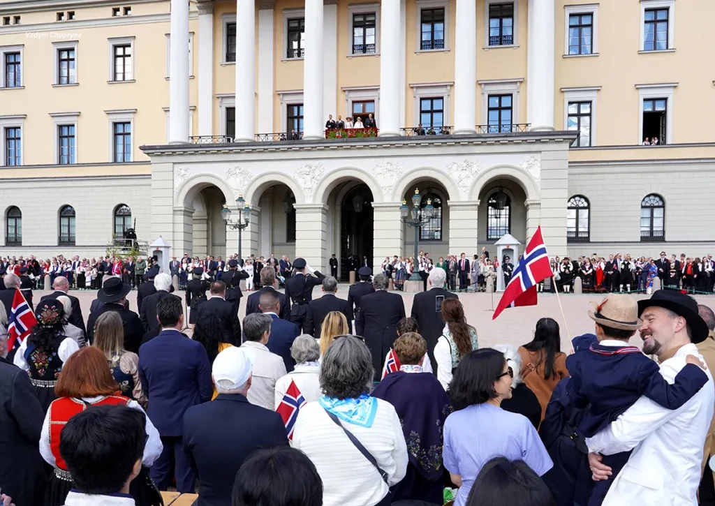 Spectators gathered near the Royal Palace for the National Day parade in Oslo Norway on May 17th 2026