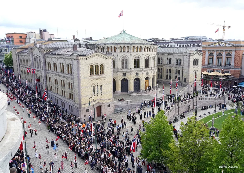 Celebration participants outside the Norwegian Parliament building in Oslo on May 17th 2026