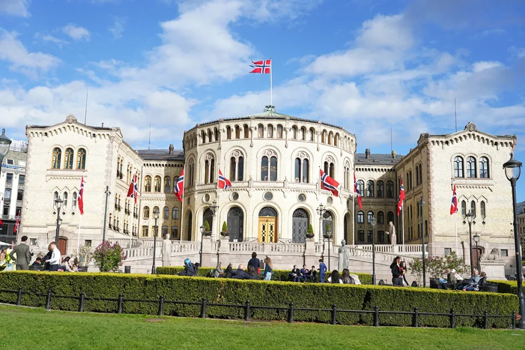 Stortinget, the parliament of Norway building in Oslo, wide shot.