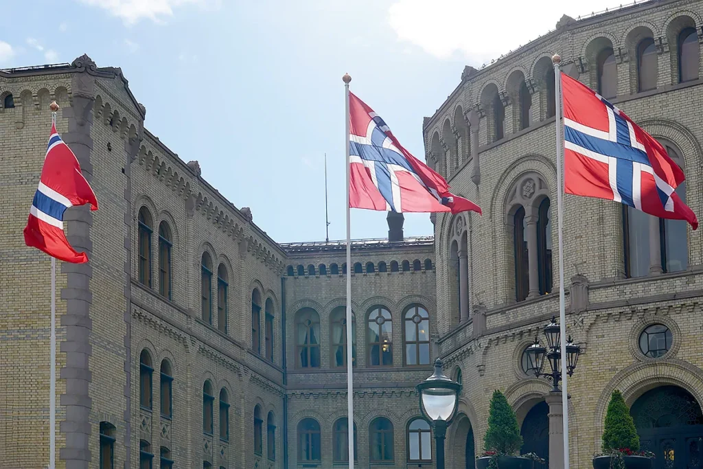 Stortinget, the parliament of Norway building in Oslo, close-up.