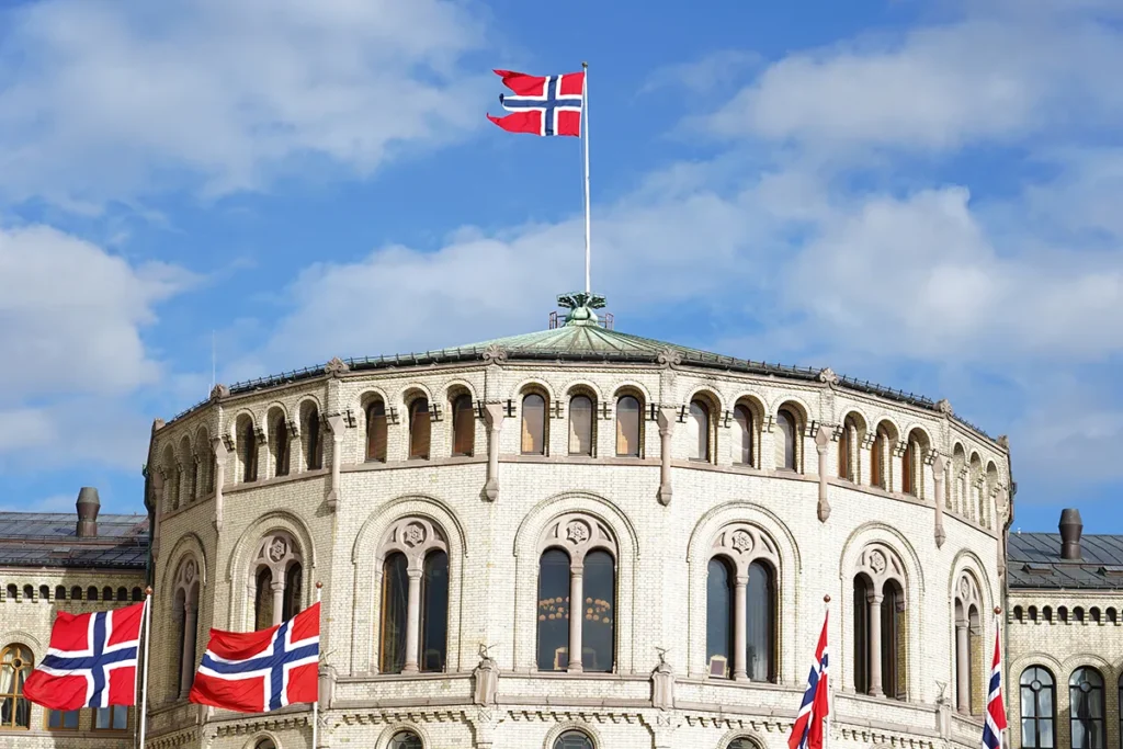 The Storting building in Oslo with central rotunda, wide shot.
