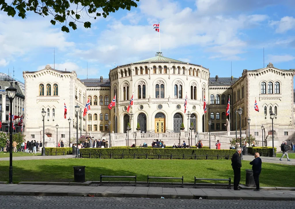 Stortinget, the parliament of Norway building in Oslo,  wide shot. 
