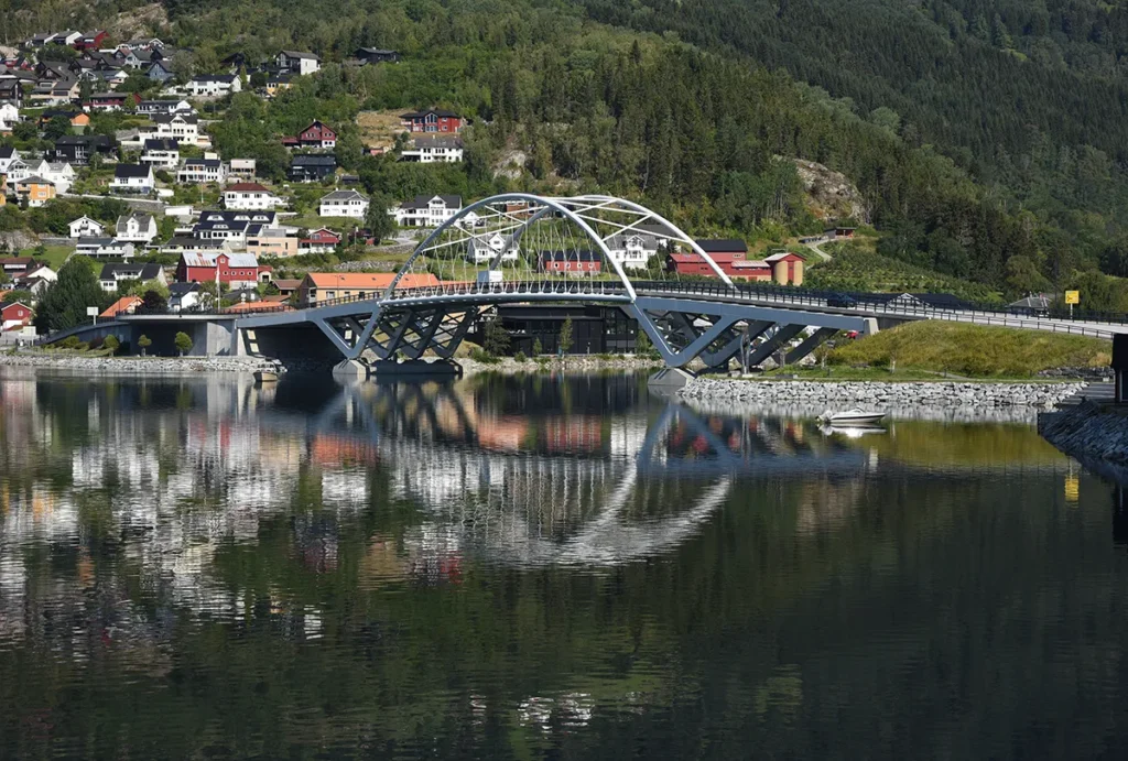 Modern architectural design of the Loftesnes bridge over the fjord in Sogndal, Norway
