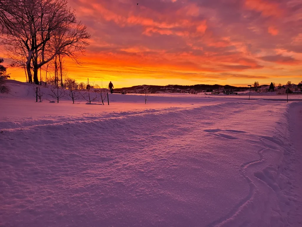 Scenic winter landscape in Norway with snow-covered ground and mountains under a vibrant pink evening sky.